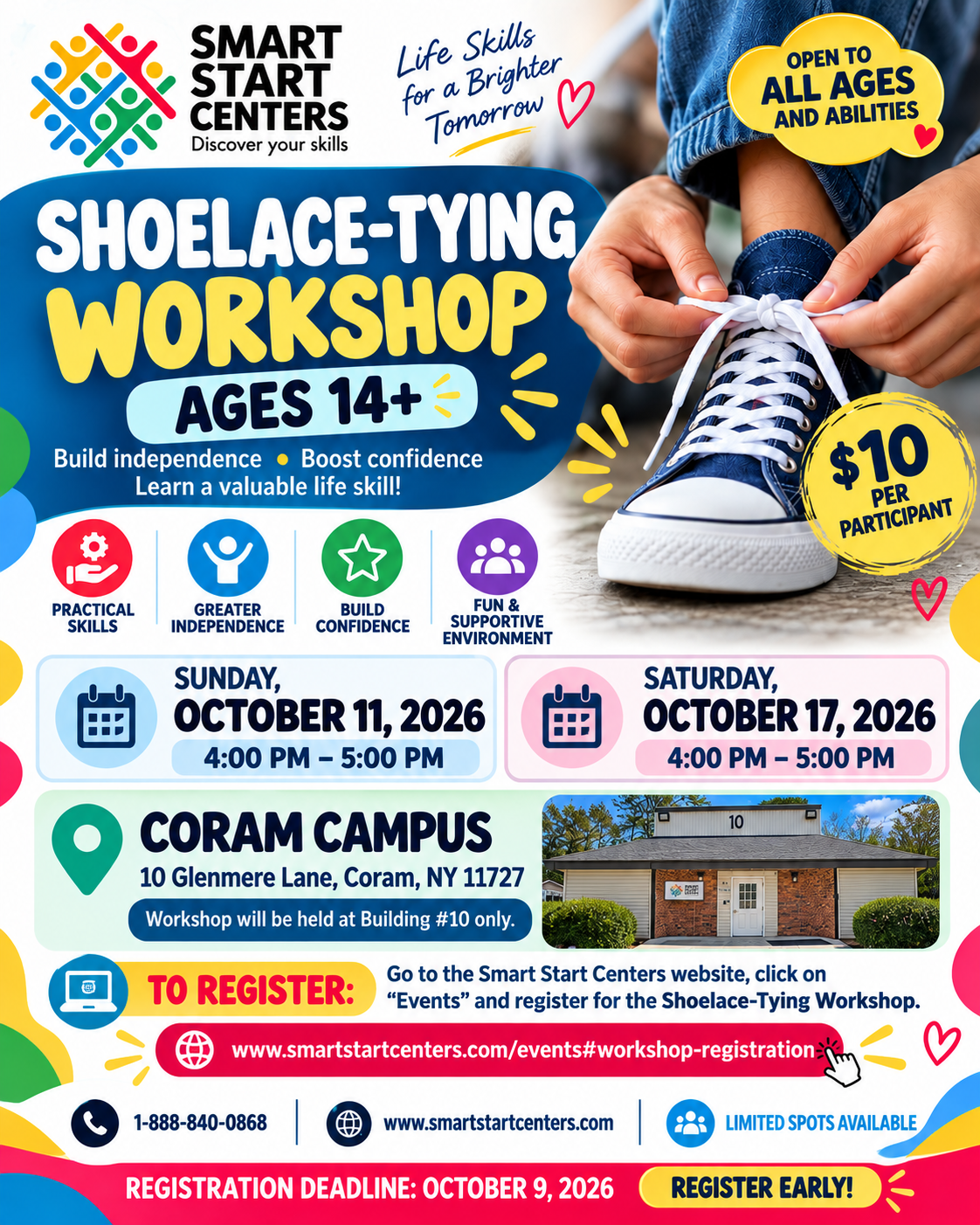 Smart Start Centers Shoelace-Tying Workshop flyer. Ages 14+. October 11 and 17, 4–5 PM at Coram Campus. $10 per participant. Registration deadline October 9, 2026. Building #10 only. Call 1-888-840-0868.